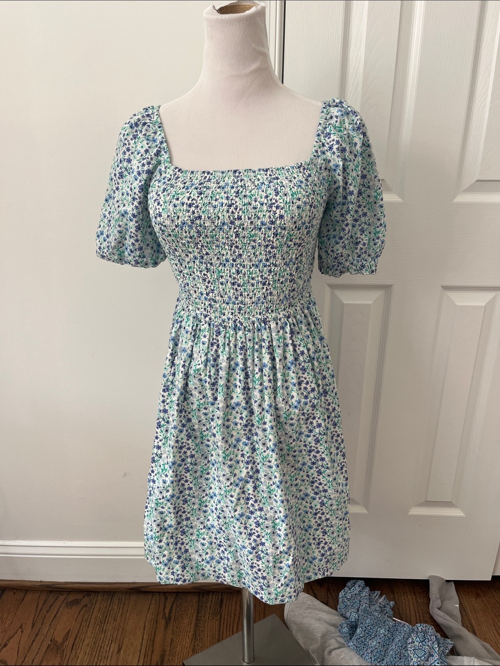 Crewcuts Light Blue and White Floral Smocked Square-Neck Dress